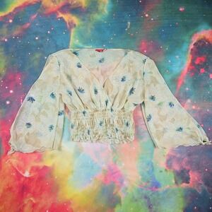 Floral Chiffon Blouse Smocked Ruffle‎ Hem Long Sleeve Sheer Crop Top